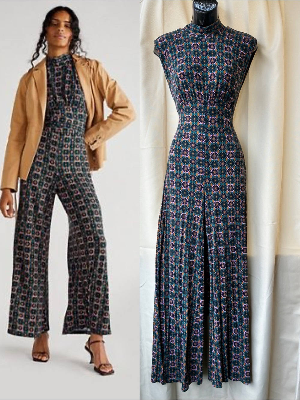 Free People Vibe Check One-piece Jumpsuit Pine Retro Printed Size XS